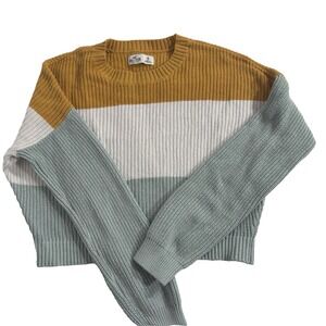 Hollister Sweater Cropped Womens S Oversized Knit Cream Green Striped Crew Neck